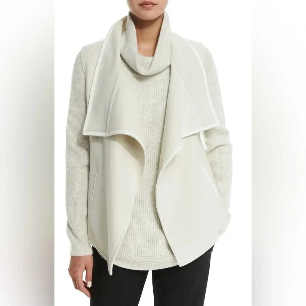 Vince Leather Trim Collar Drape Vest Ivory L